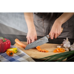 Nóż Santoku Kamazaki KZI304KN, ostrze 18 cm – stal damasceńska z rdzeniem AUS10