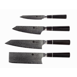 Zestaw 4 noży kuchennych KAMAZAKI KZI002SET – stal damasceńska, drewniany stojak